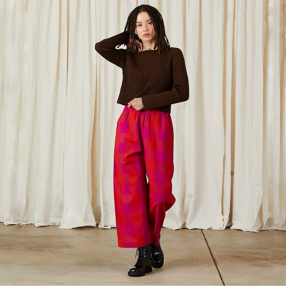 Ali Golden Raw Silk Elastic Pant Pull On Barrel Leg Poppy Pink Check Plaid XL